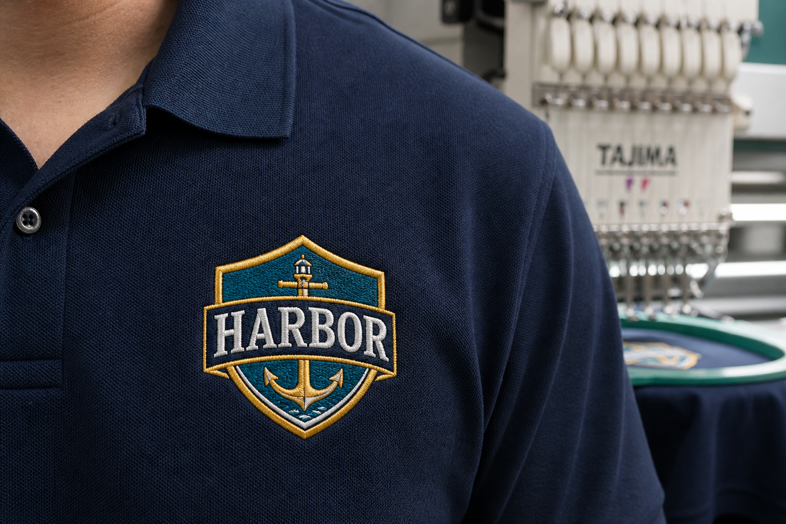 Machine-embroidered logo on a polo shirt