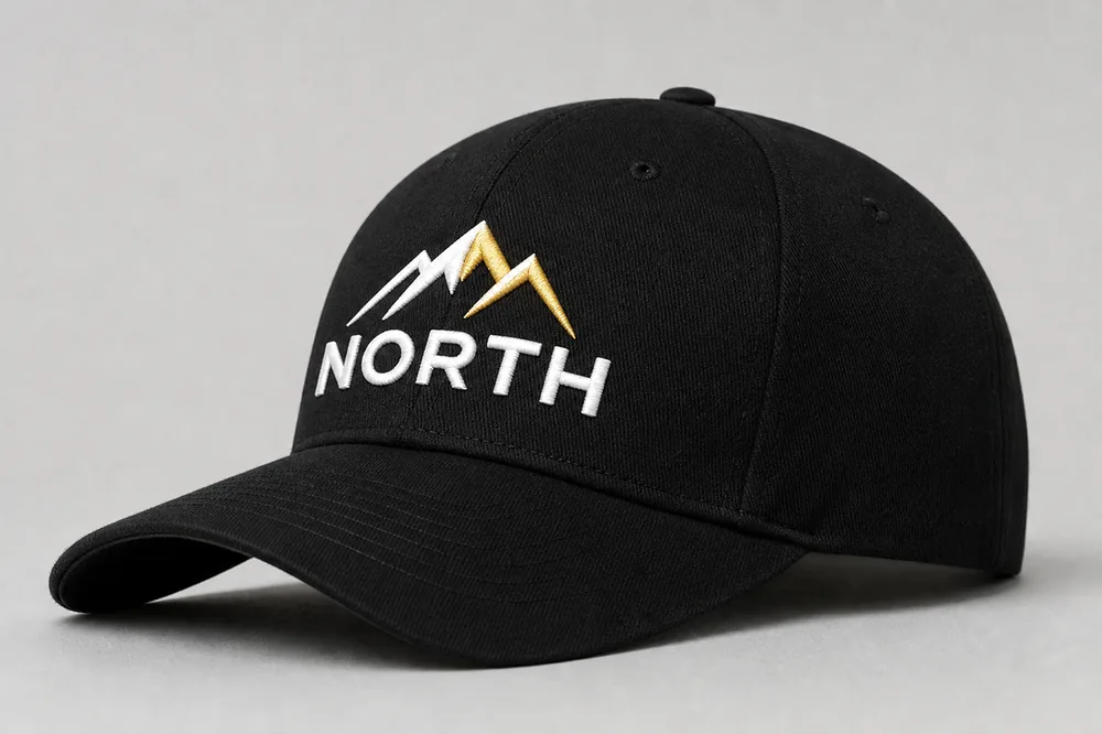 Machine-embroidered logo on the front of a baseball cap