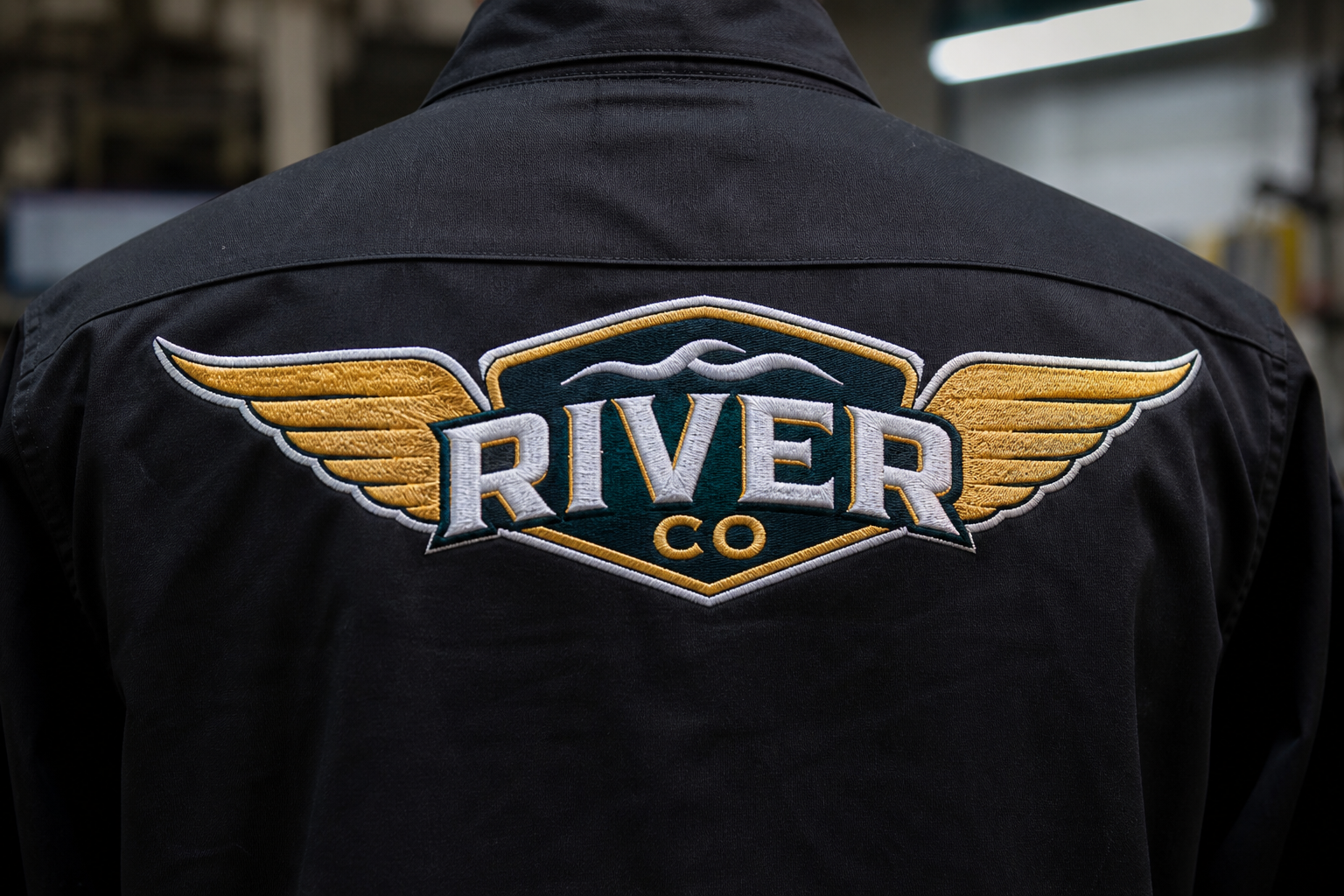Large machine-embroidered logo on the back of a jacket