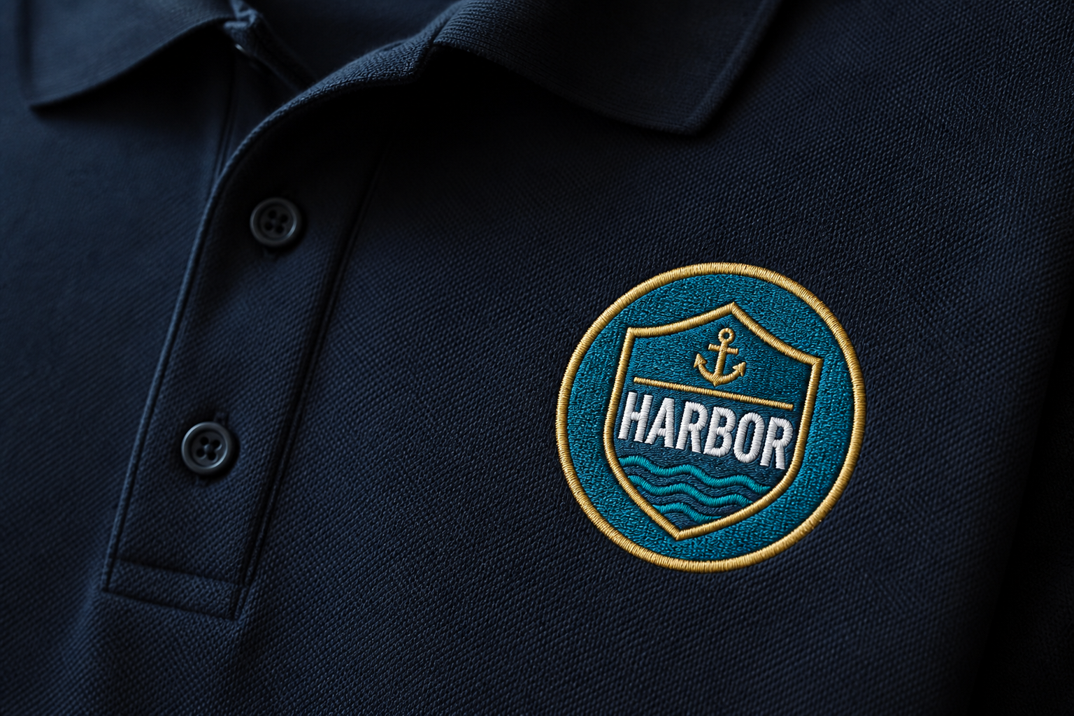 Machine-embroidered logo on the left chest of a polo shirt
