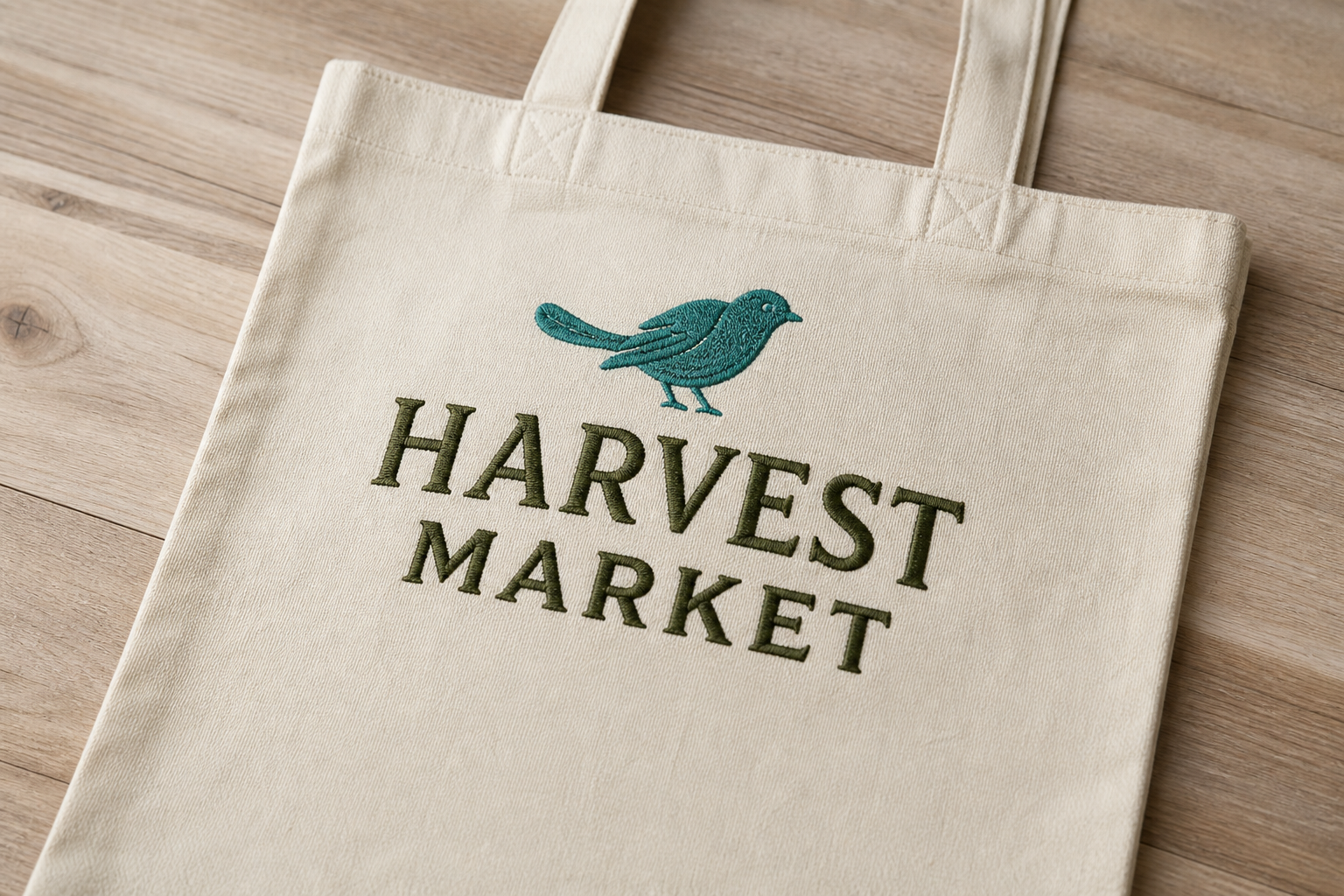 Machine-embroidered shop logo on a canvas tote bag