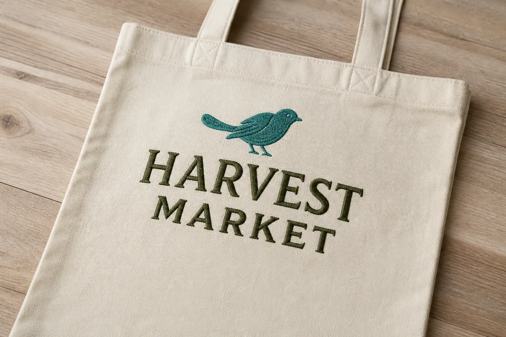 Machine-embroidered shop logo on a canvas tote bag