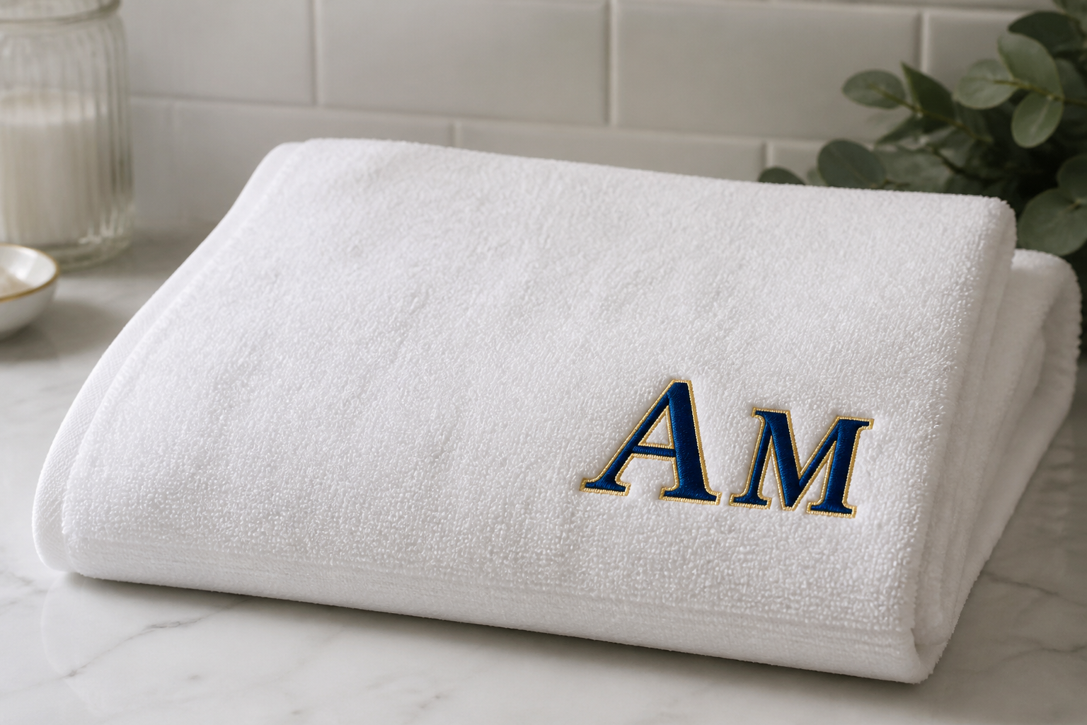 Navy and gold machine-embroidered monogram on a white towel